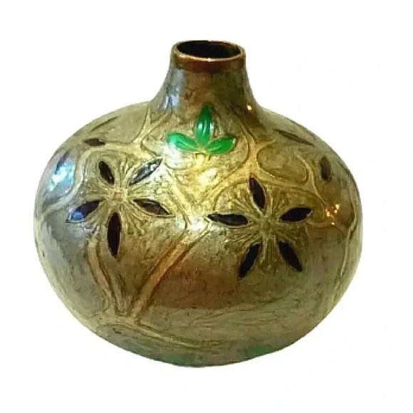 Vintage Cloisonné Vase Brass Floral 7" x 6 - Picture 2 of 4